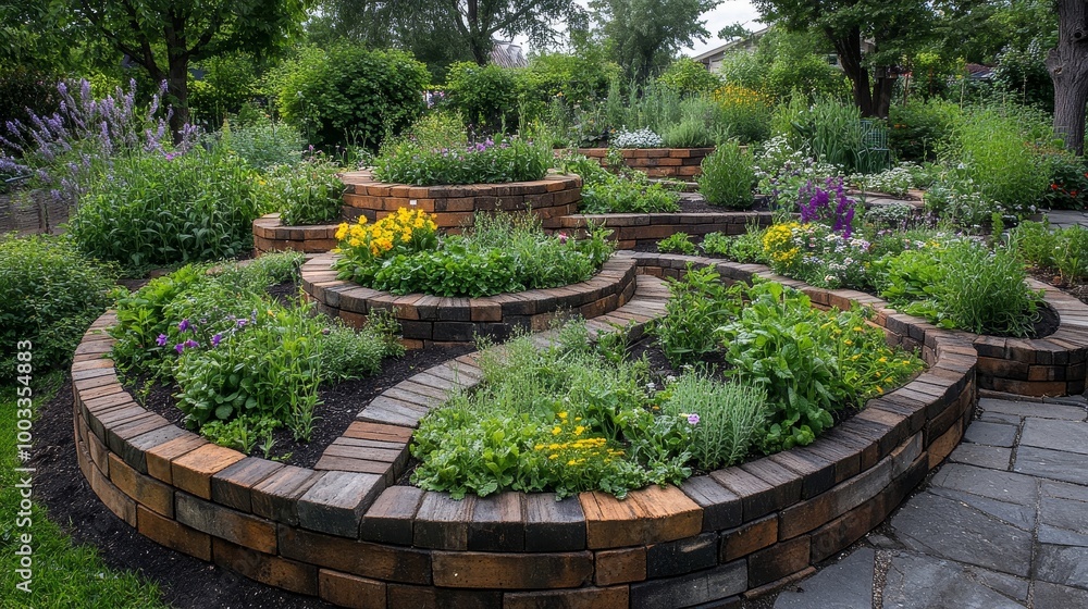 A stunning circular herb garden, with individual sections dedicated to medicinal herbs like chamomile and culinary plants such as mint and parsley A stunning circular herb garden, with individual sections dedicated to medicinal herbs like chamomile and culinary plants such as mint and parsley
