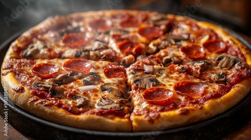 A steaming hot pizza with melted cheese, pepperoni, mushrooms, and onions being cut into symmetrical slices, the toppings evenly distributed across the golden crust.