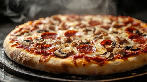 A steaming hot pizza with melted cheese, pepperoni, mushrooms, and onions being cut into symmetrical slices, the toppings evenly distributed across the golden crust.