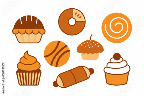 A collection of sweet treats, including cupcakes, donuts, pastries, and a cinnamon roll, perfect for a bakery menu or website. The illustration is drawn in a simple, cartoon style.