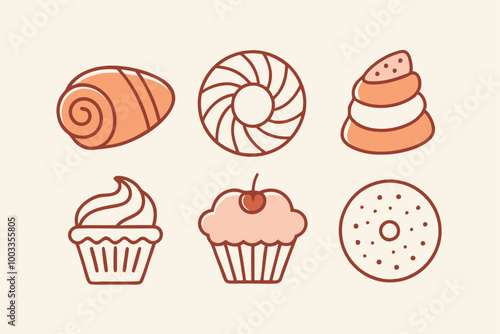 Set of six hand-drawn icons featuring various bakery treats, including a croissant, a donut, a cupcake, and more.