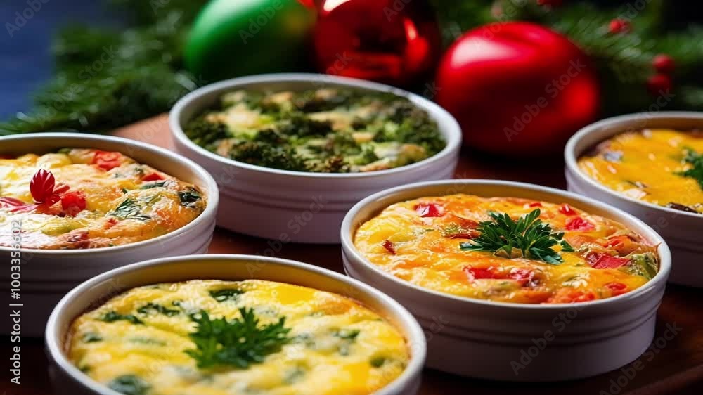 Colorful mini quiches with veggies on a wooden board, festive with blurred christmas ornaments. Perfect for any meal or party, these gourmet appetizers are sure to impress