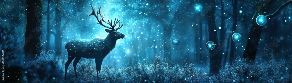 A majestic deer stands in a mystical blue forest, surrounded by glowing orbs and enchanting light, capturing the essence of nature's beauty. A majestic deer stands in a mystical blue forest, surrounded by glowing orbs and enchanting light, capturing the essence of nature's beauty.