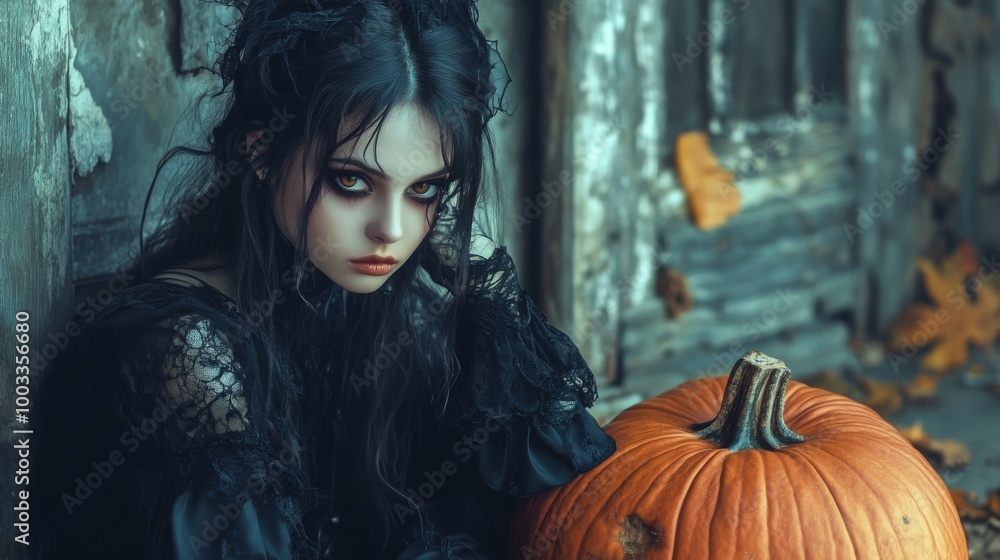 Dark Gothic Halloween Aesthetic with Pumpkins and Mysterious Girl Dark Gothic Halloween Aesthetic with Pumpkins and Mysterious Girl