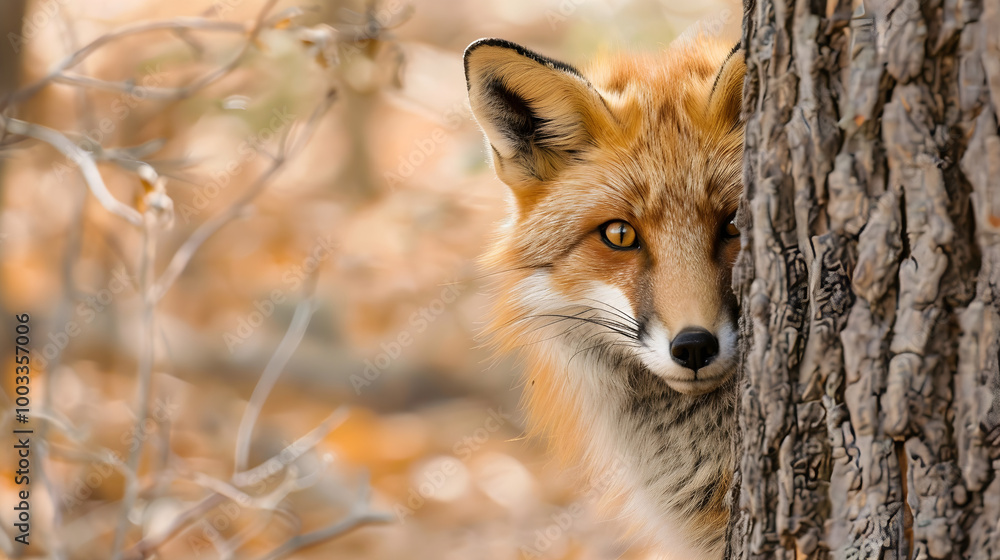 A fox with bright eyes peeking from the shadows of a tree in the forest. A fox with bright eyes peeking from the shadows of a tree in the forest.