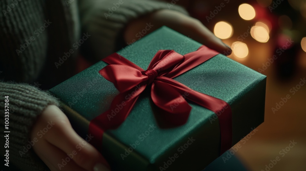 A person carefully wrapping a green Christmas gift with a red ribbon in a cozy holiday setting with soft lights A person carefully wrapping a green Christmas gift with a red ribbon in a cozy holiday setting with soft lights