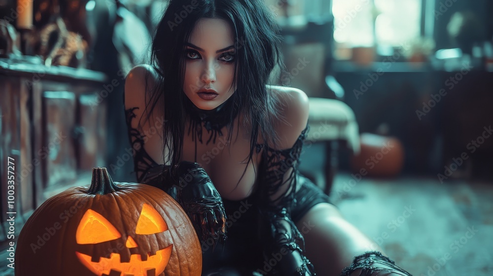 Dark Gothic Halloween Aesthetic with Pumpkins and Mysterious Girl Dark Gothic Halloween Aesthetic with Pumpkins and Mysterious Girl