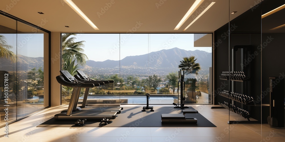 Modern Home Gym with Scenic Mountain View, High-End Equipment, and Sleek Design for Fitness Enthusiasts Modern Home Gym with Scenic Mountain View, High-End Equipment, and Sleek Design for Fitness Enthusiasts
