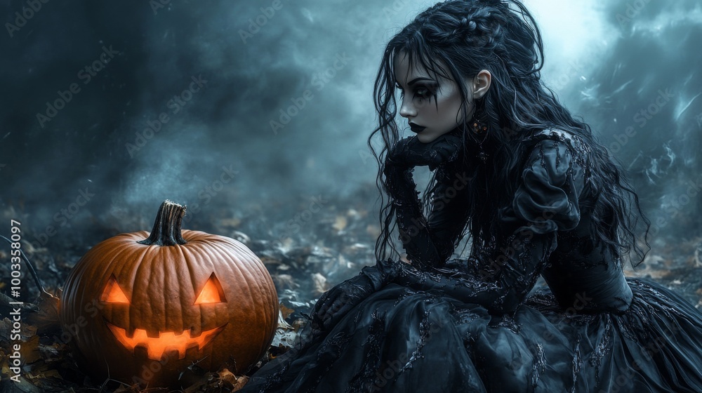 Dark Gothic Halloween Aesthetic with Pumpkins and Mysterious Girl Dark Gothic Halloween Aesthetic with Pumpkins and Mysterious Girl
