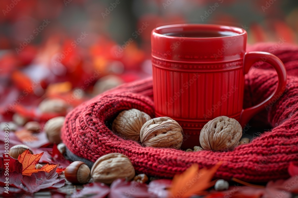 Cozy autumn tea a mug surrounded by a scarf, maple leaves, and walnuts for fall bliss Cozy autumn tea a mug surrounded by a scarf, maple leaves, and walnuts for fall bliss