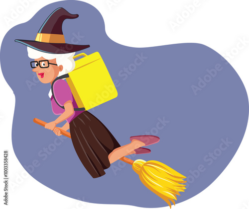 Vector Witch With Food Delivery Box Flying on a Broomstick. Fast food delivery courier carrying Halloween meals on the go 
