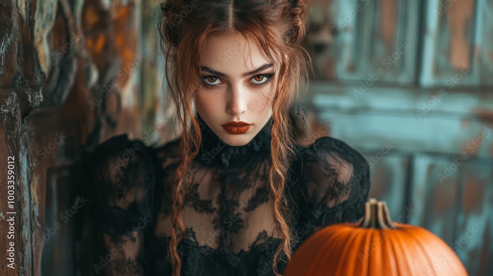 Dark Gothic Halloween Aesthetic with Pumpkins and Mysterious Girl Dark Gothic Halloween Aesthetic with Pumpkins and Mysterious Girl