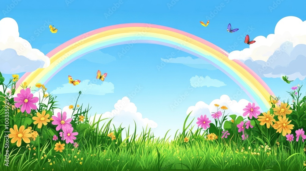 Colorful Rainbow Over Lush Green Meadow with Butterflies and Flowers Colorful Rainbow Over Lush Green Meadow with Butterflies and Flowers