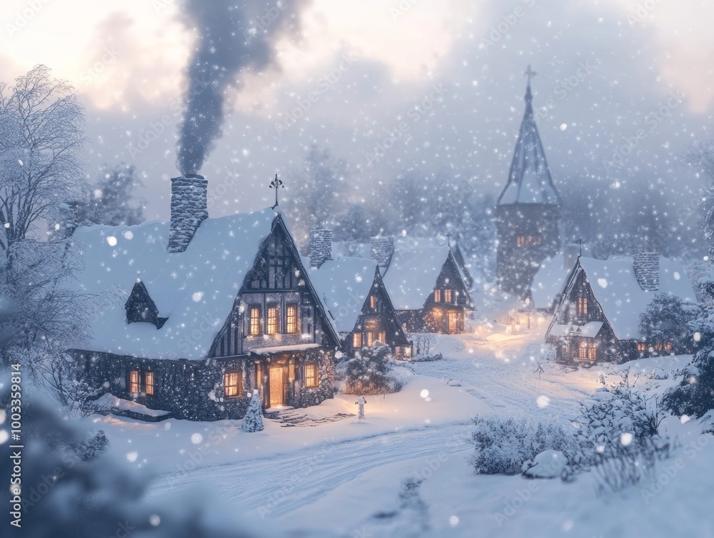A snowy village at dusk with warm lights glowing from cozy cottages and smoke rising from chimneys