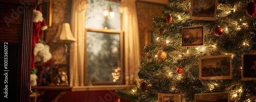 Cozy Christmas scene featuring a beautifully decorated tree with warm lights, capturing the festive spirit of the holiday season.