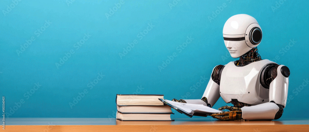 Naklejka premium Robotic figure studying a book on a wooden table, blue background.