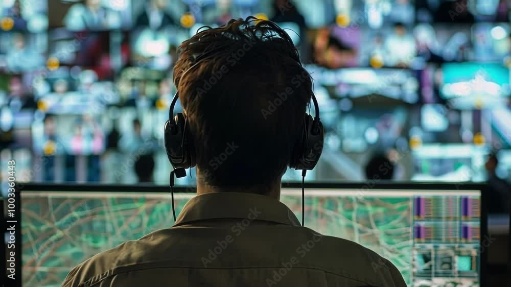 Security operator monitors multiple cctv screens in a control room, analyzing video data to protect the workplace Security operator monitors multiple cctv screens in a control room, analyzing video data to protect the workplace