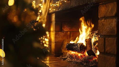 A cozy fireplace glowing with warm flames, surrounded by holiday lights, creating a festive and inviting atmosphere. photo