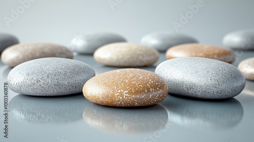 Smooth pebbles on reflective surface, serene