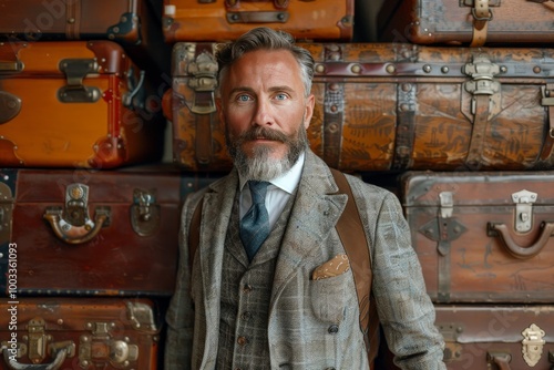 Elegant butler in classic suit delivers vintage luggage against luxurious white interior backdrop