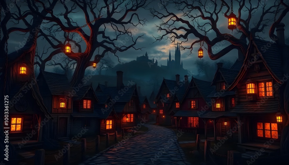Fototapeta premium Haunted Halloween Party Scene Full Moon Abandoned House and Eerie Pumpkins