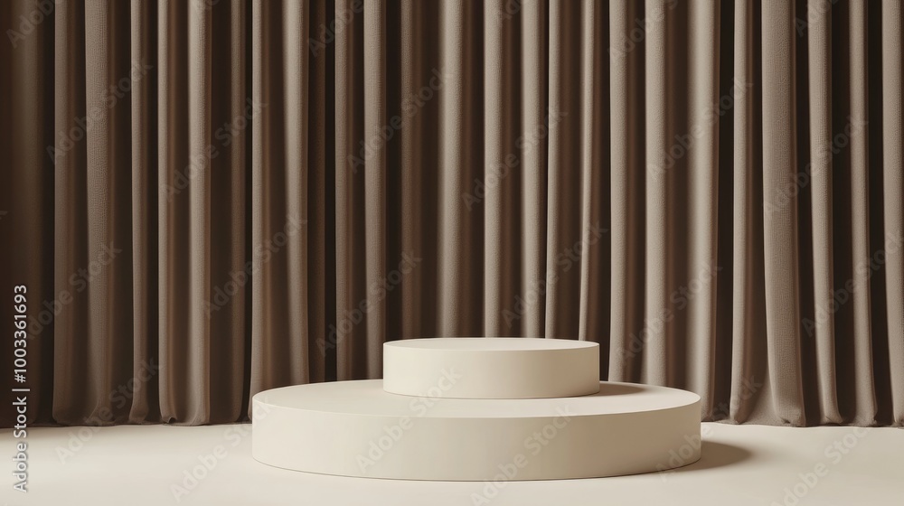 Two-Tiered White Cylindrical Podium Against Brown Drapes Two-Tiered White Cylindrical Podium Against Brown Drapes