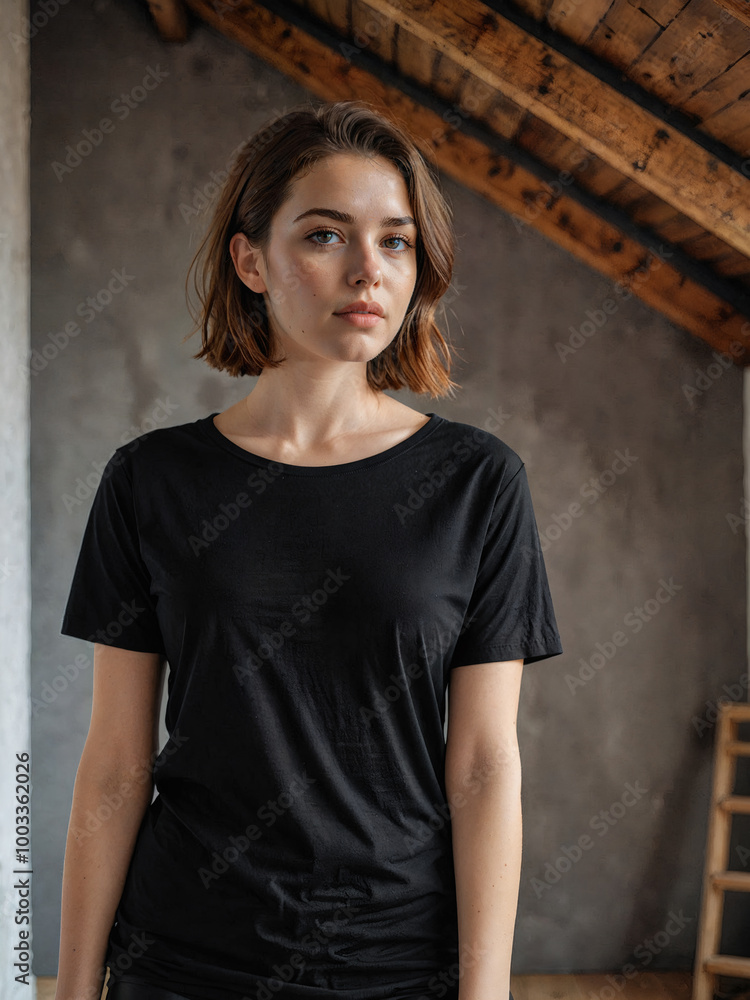 portrait of a young woman with casual black t-shirt in minimalist interior portrait of a young woman with casual black t-shirt in minimalist interior