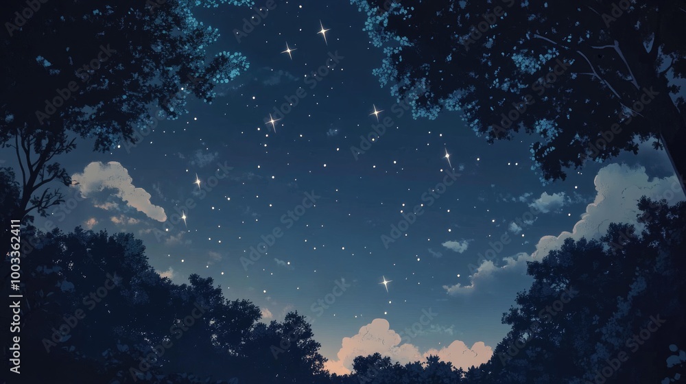 Naklejka premium A Starry Night Sky Viewed Through Silhouettes of Trees
