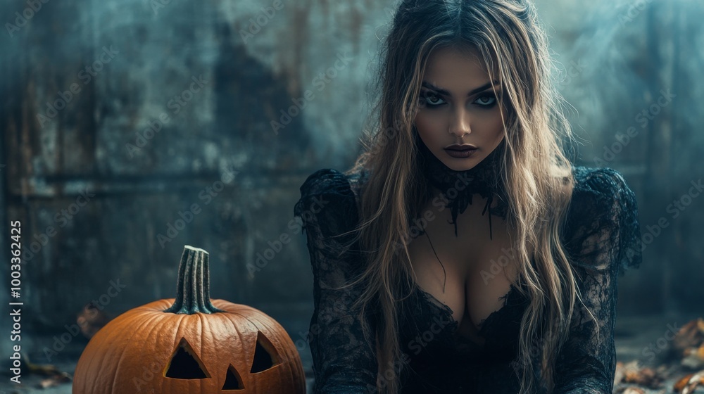 Dark Gothic Halloween Aesthetic with Pumpkins and Mysterious Girl Dark Gothic Halloween Aesthetic with Pumpkins and Mysterious Girl