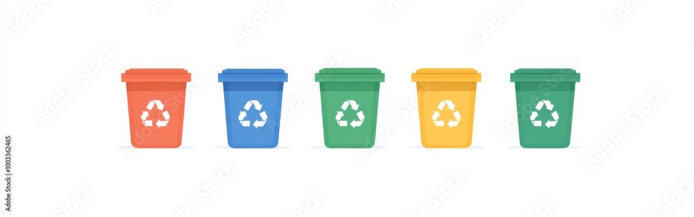 Different colored recycle bins in a blue, green, yellow, and red palette against a white background Different colored recycle bins in a blue, green, yellow, and red palette against a white background