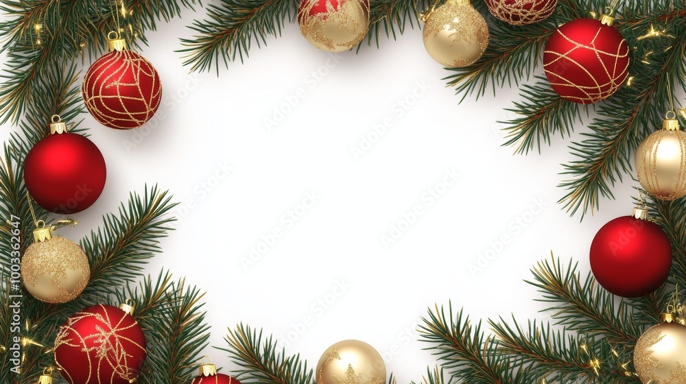 Decorative pine branches with red and gold Christmas ornaments create a festive border on a white background for seasonal celebration