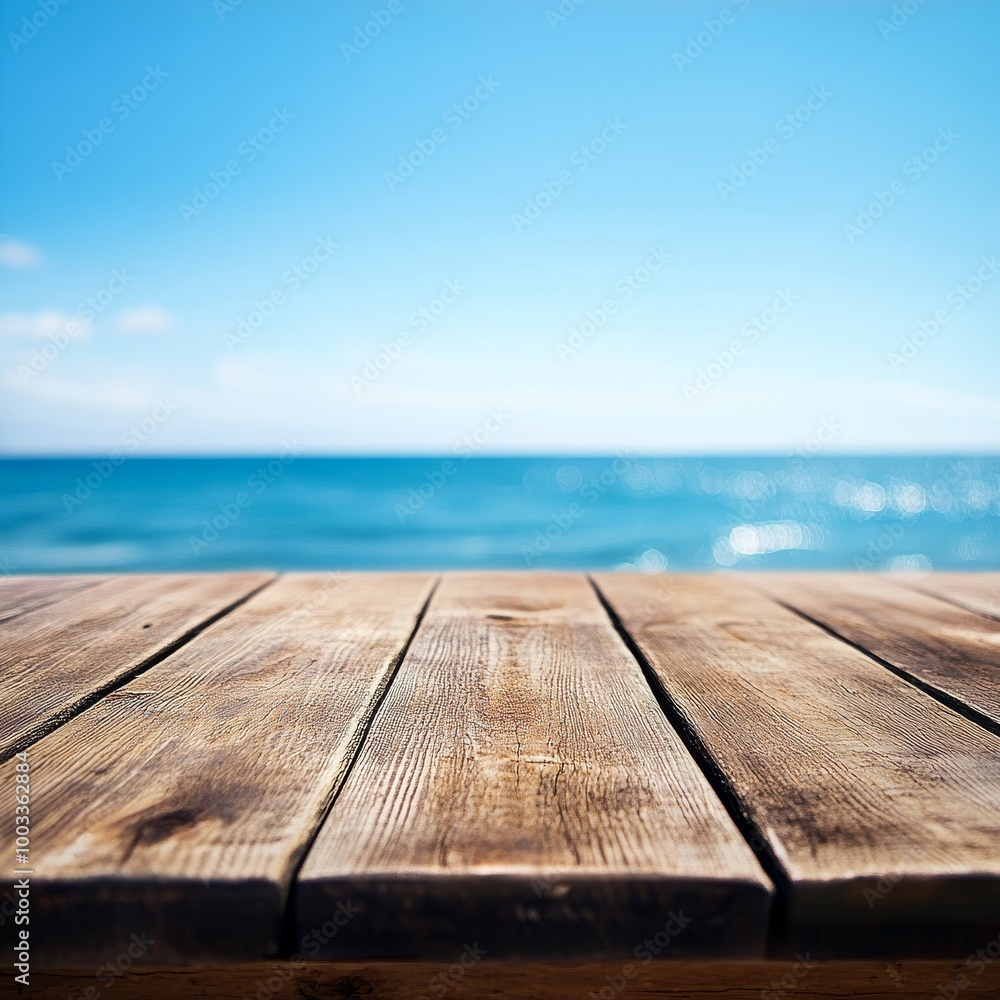 Wooden table with sea and blue sky background. Collage. Wooden table with sea and blue sky background. Collage.