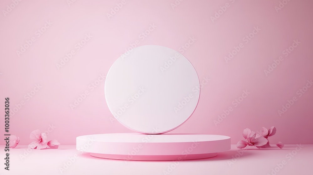 Pink Round Podium with Floating Flowers on Pink Background Pink Round Podium with Floating Flowers on Pink Background