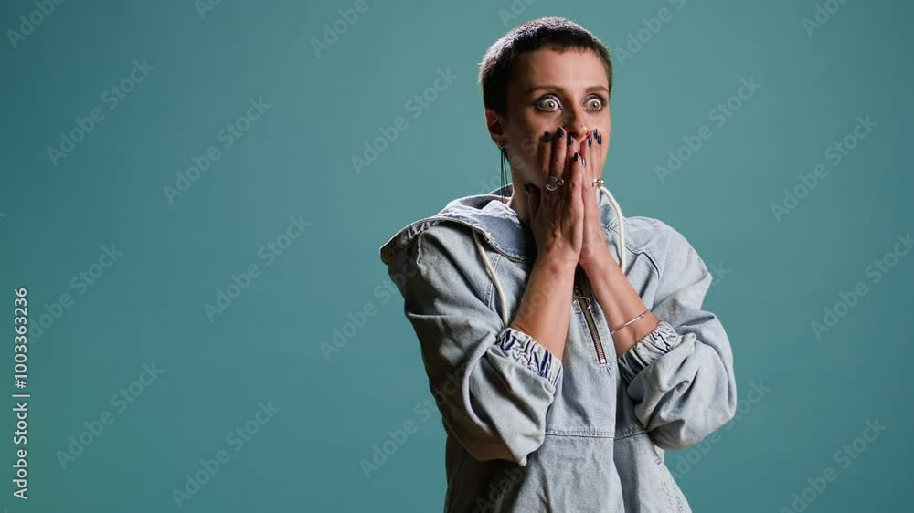 Scared nervous woman covering her mouth in shock against blue background, looking at something scary. Person with a street style being anxious and frightened, concerned afraid girl. Camera A. Scared nervous woman covering her mouth in shock against blue background, looking at something scary. Person with a street style being anxious and frightened, concerned afraid girl. Camera A.