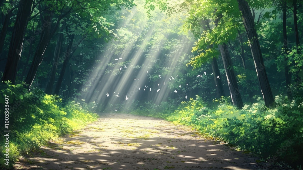 Obraz premium Sunbeams Illuminating a Forest Path with Birds Flying Through