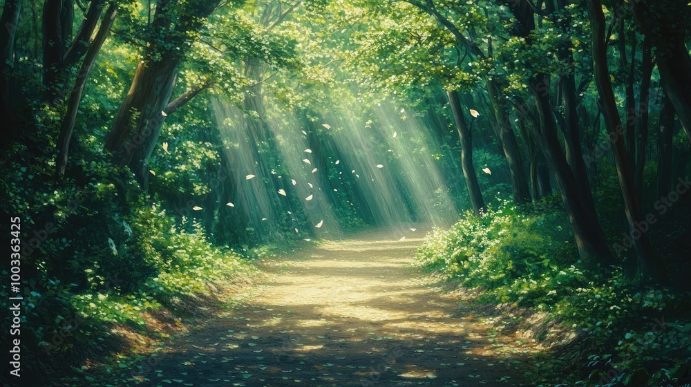 Fototapeta premium Sunbeams Illuminating a Path Through a Lush Green Forest