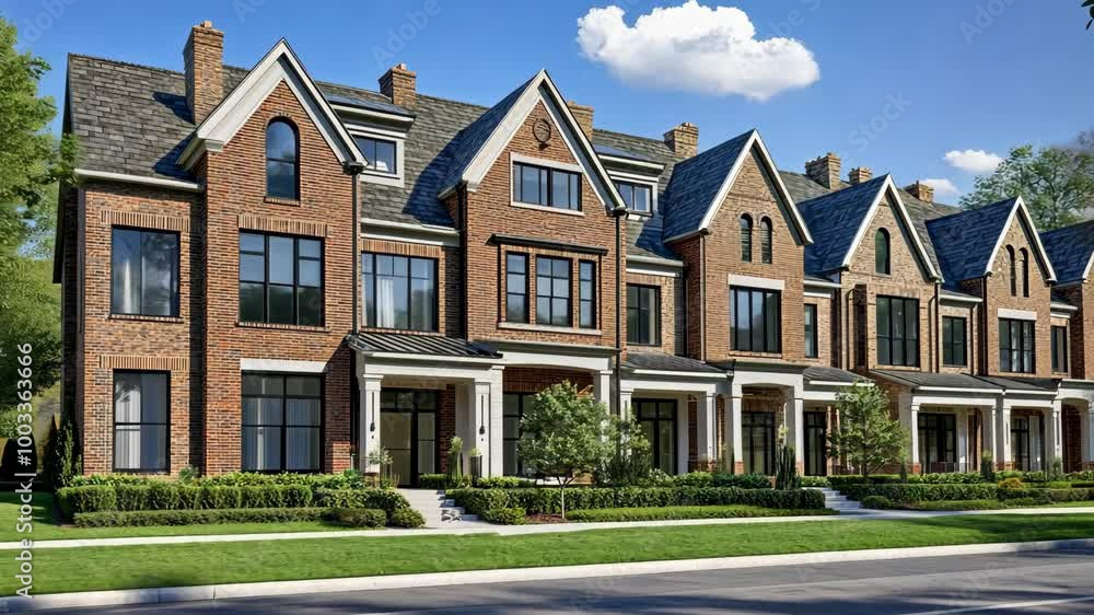 A row of brick townhouses with white trim and black windows line a quiet street A row of brick townhouses with white trim and black windows line a quiet street