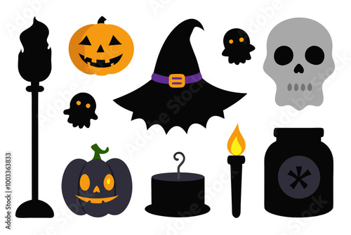 A set of Halloween icons featuring classic elements like pumpkins, witch hats, skulls, and ghosts, perfect for adding a spooky touch to your designs. These illustrations are ideal for web banners. photo