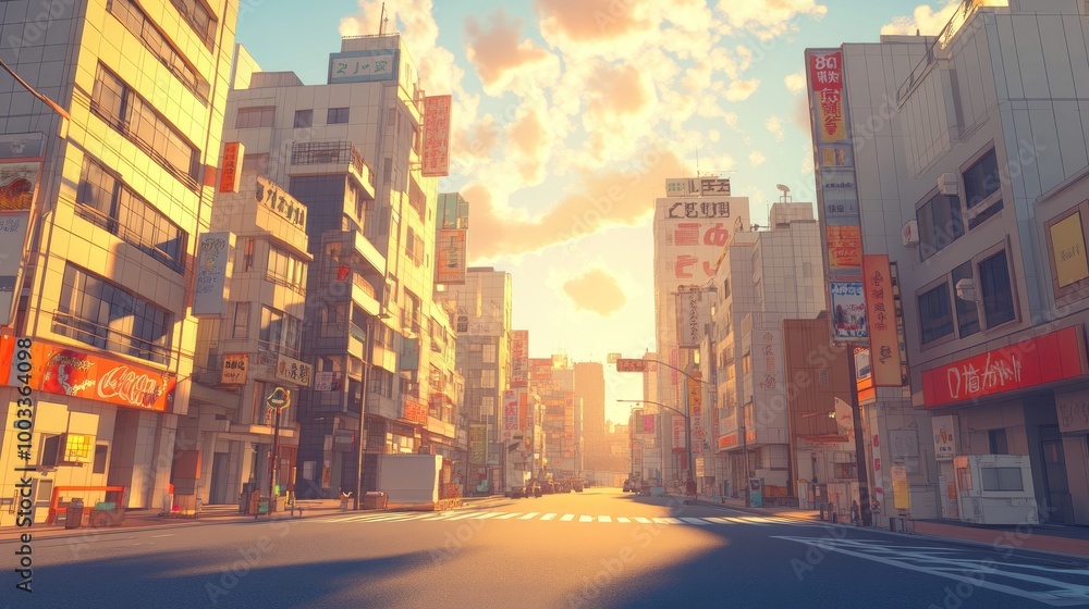 A Japanese Street at Sunset with Buildings and Signs A Japanese Street at Sunset with Buildings and Signs