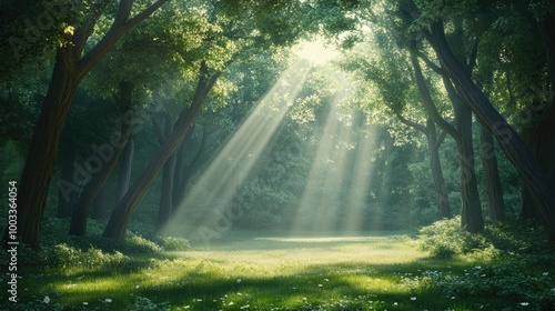 Sunbeams Filtering Through a Dense, Lush Forest Canopy