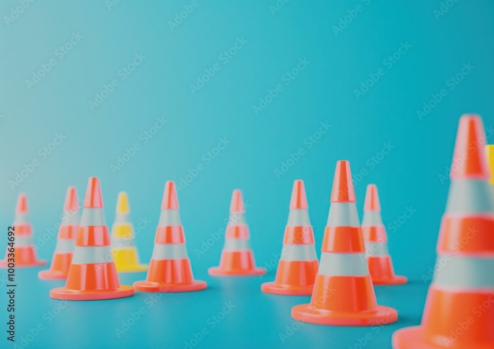 traffic cones, construction site, bright colors, safety equipment, urban background, blue backdrop, vivid design, construction safety traffic cones, construction site, bright colors, safety equipment, urban background, blue backdrop, vivid design, construction safety