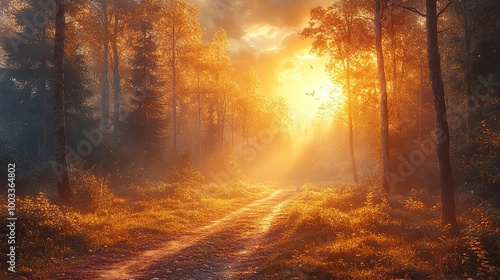 Golden Hour Forest Path: A Tranquil Sunset Landscape