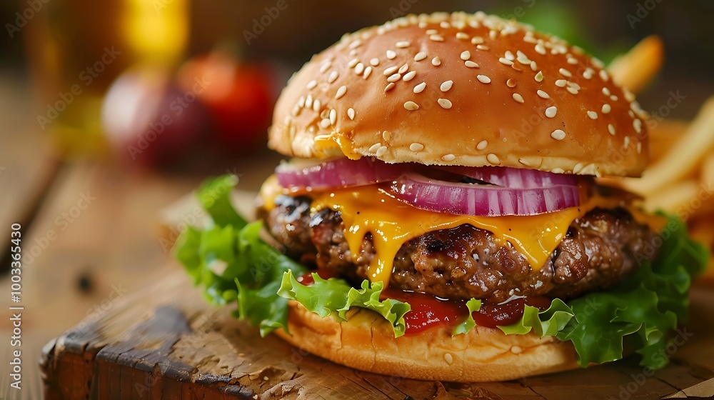 A juicy beef burger topped with melted cheddar cheese fresh lettuce and tomato nestled in a sesame seed bun illuminated by natural light showcasing its textures and flavors for food photography A juicy beef burger topped with melted cheddar cheese fresh lettuce and tomato nestled in a sesame seed bun illuminated by natural light showcasing its textures and flavors for food photography