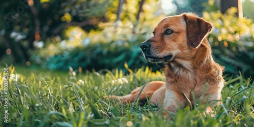 Canine excrement on the vibrant grassy area photo