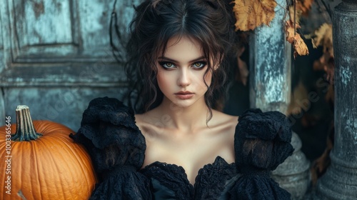 Dark Gothic Halloween Aesthetic with Pumpkins and Mysterious Girl