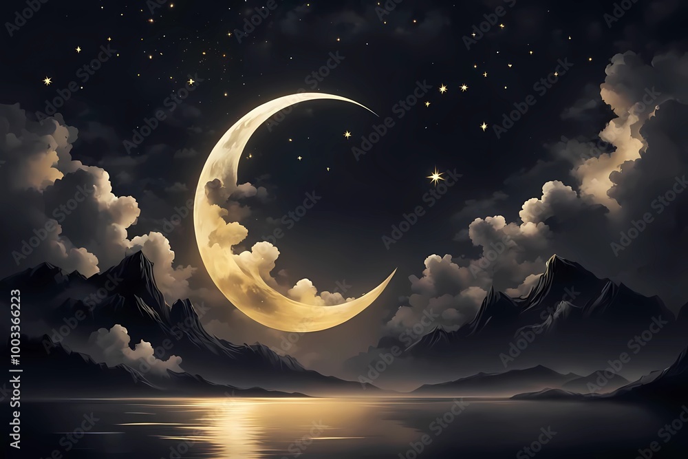 Obraz premium An abstract representation of the cosmic universe, where the moon and stars float in a surreal, ethereal space