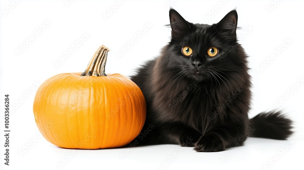 Long-haired black cat with pumpkin on a white background Long-haired black cat with pumpkin on a white background