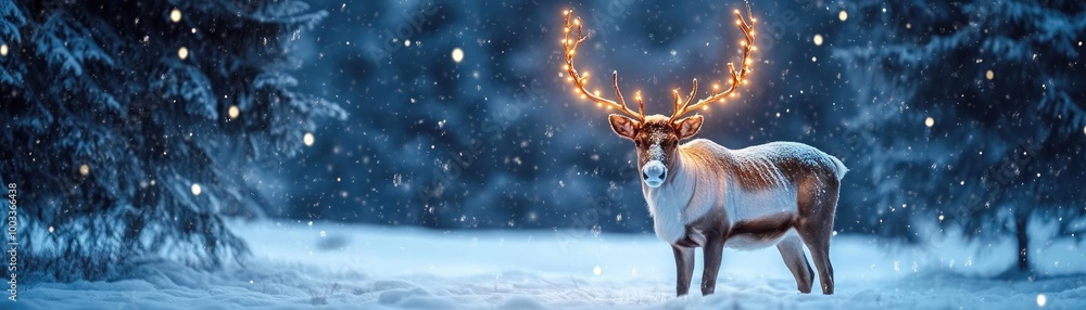 A serene winter scene featuring a majestic reindeer adorned with glowing antlers, surrounded by snow and evergreen trees. A serene winter scene featuring a majestic reindeer adorned with glowing antlers, surrounded by snow and evergreen trees.