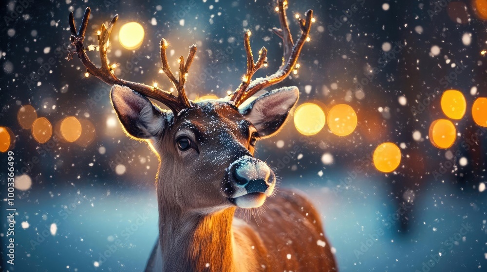 A majestic deer stands amidst falling snow, illuminated by soft bokeh lights in a serene winter landscape. A majestic deer stands amidst falling snow, illuminated by soft bokeh lights in a serene winter landscape.