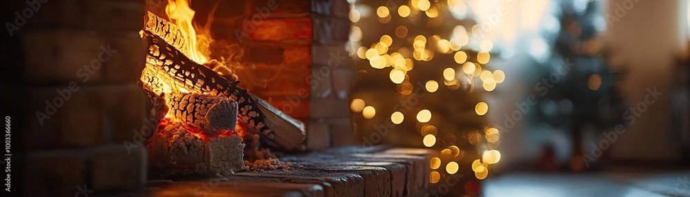 Fototapeta premium Warm fireplace glowing with flame, festive tree in background, creating a cozy holiday atmosphere with soft bokeh lights.